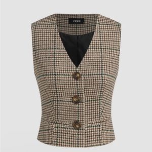 CIDER Tweed V-Neck Check Vest Brown Size 4 NWT